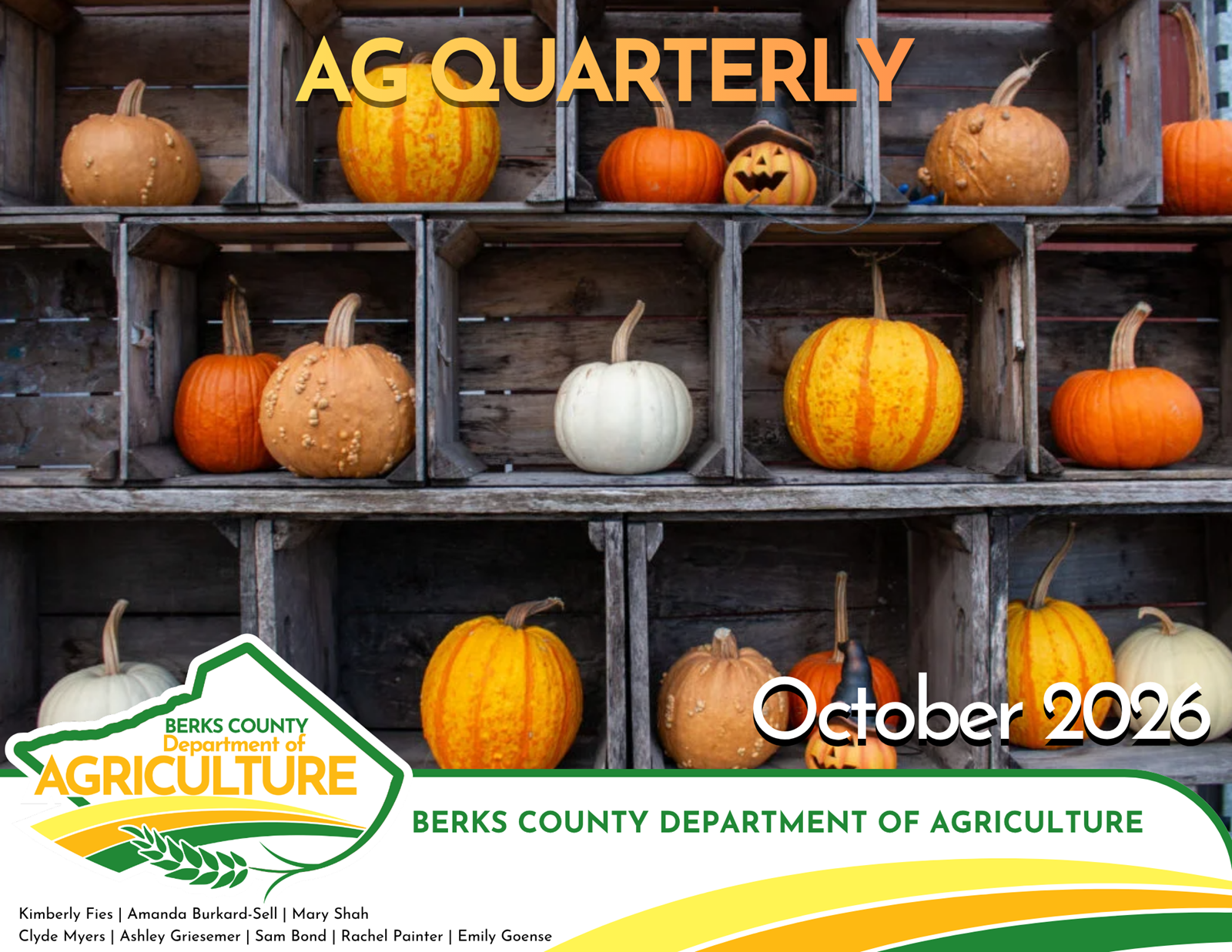 Picture of cover of Ag Quarterly with various pumpkins in wooden crates